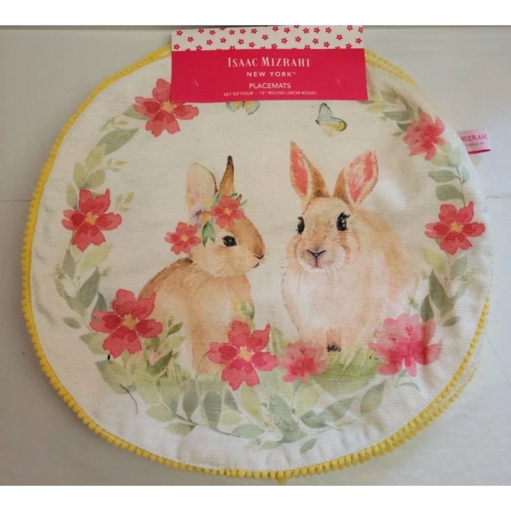 15" Isaac Mizrahi Easter Bunny Floral Butterfly Placemats Round Farmhouse Set 4x